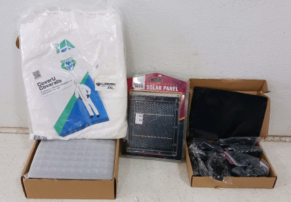 (4) Outdoor Utility Items - (1) Boss Buck Solar Panel (1) Brand New Shower Head (1) CoverU Coveralls 2XL (1) Accessory Kit w/ Straps & Connectors