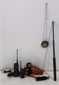 (5) Security Essentials - (1) Motorola DTR550 Radio w/ Charger (1) Arcshell Two-Way Radio (1) Security Officer Badge on Chain (1) Brown Shoulder Holster (1) Expandable Baton