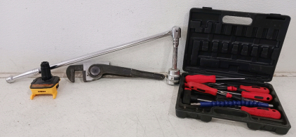 (6) Tool Bundle - (1) Power Jaws Wrench (1) Screwdriver Set (1) Chrome Socket (1) Ratchet Handle (1) Husky Extension (1) DeWalt DCA1820 Adapter