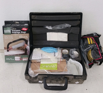 (3) Mixed Utility Lot - (1) SPEX Forensics Evidence Case (1) Storehouse Vacuum Bag Pack (1) Pair of Knee Wraps