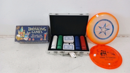 (4) Party Game Lot - (1) Adult Drinking Games Box (1) Poker Chip Set (1) Hooters Signed Disc (1) Discraft Ultra-Star Disc
