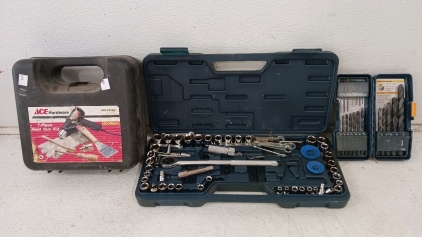 (4) Tool Kits - (1) Ryobi Drill Bit Set (1) Socket Wrench Set (1) Ace 7-Piece Heat Gun Kit - Powers On (1) Tool Case