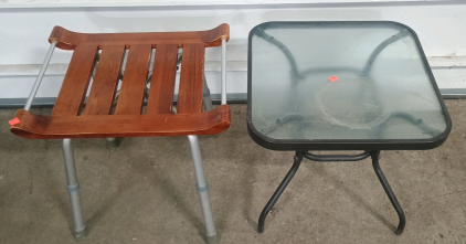 (2) Patio-Ready Side Tables - (1) Slatted Wood Bench Seat (1) Glass Top Metal Frame Table<br/>