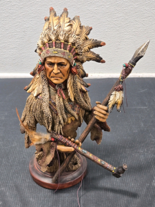 Vintage Polyresin Handpainted Bust of Native American Chief w/ Removable Spear & Peace Pipe (13")