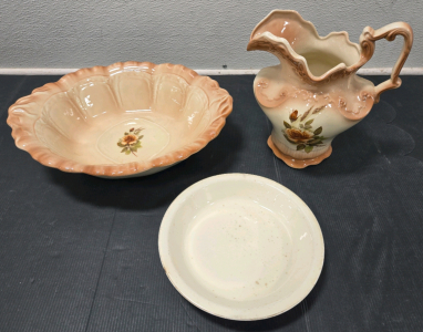 Vintage Arnels Victorian Style Ceramic Glossy Glazed Water Pitcher & Bowl Set, & Superior Hall Quality Mary Dunbar Ceramic Glazed Bowl