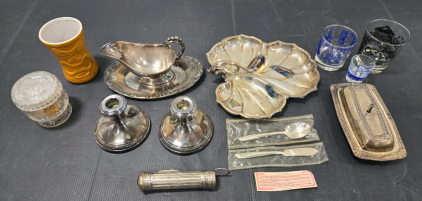 Vintage Silver Plated Tableware: Candle Holders, Liquid Pourer in Plate, Leaf Shaped Dish, & Butter Dish, Assorted Travel Glasses & Glass Fragance Dish w/ Lid, Eveready Metal Flashlight