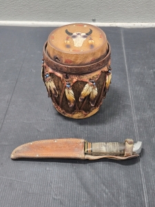 Vintage Pure Western Steer Head Feather Container 7" x 5", & Vintage Hunting Knife in Leather Sheath 10" w/ Handle Length
