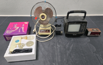 Vintage Radio Shack Portavision Mini Radio/TV, Vintage Home Master 6" 2-Speed Fan, Vintage Spartus Alarm Clock, Vintage Wahl 2-Speed Deluxe Hand-Held Massager