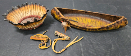 Native American Decor: Vintage Polyresin Headdress Bowl 9" x 3&frac14;", Vintage Polyresin Canoe 16&frac12;" x 6", (2) Leather Hair Braids