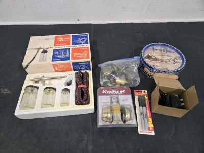 Thayer & Chandler Model E Airbrush (Comes in Original Box), KwikSet Deadbolt (New In Box), Door Knob Set, Deadbolt Set (New In Box), Pack of 2 Sharpies (New In Packaging), Danish Butter Cookie Tin (Empty) Collector Series 6/6