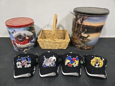 (2) Metal Storage Tins w/ Lid 11" x 10" & 15" x 12", Wicker Hand Basket 10" x 13", (4) Soccer Hats (Cruz Azul, Chivas, America, & Pumas)