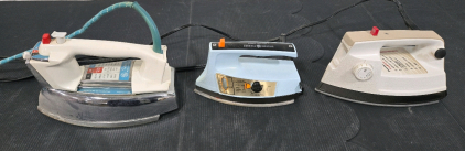 Vintage General Electric Spray Steam & Dry Iron 10", Vintage Generel Electric Light 'N Easy Iron w/ Steam 8", Vintage Proctor-Silex Electric Iron w/ Steam 9"