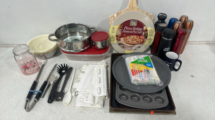 Large Assortment of Various Kitchenware Including - Pans, Bowls, Coffe Cups, Utensils, and More!