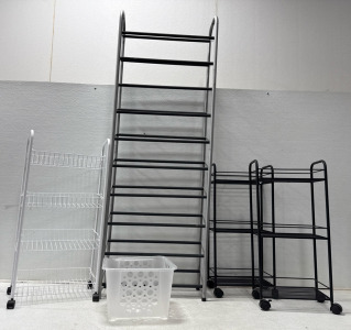 (1) Metal Shoe Rack (3) 3-Tier And 4-tier Metal Organizers On Wheels And One Plastic Storage Bin