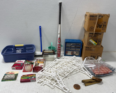 (3) Box full of 1000 pieces each Dixie Plastic Knives, Forks, And Spoons, Took Box With Assorted Tools, Easton Baseball Bat, Window Cleaning Tool, Smart Key Doorknob And Much More!
