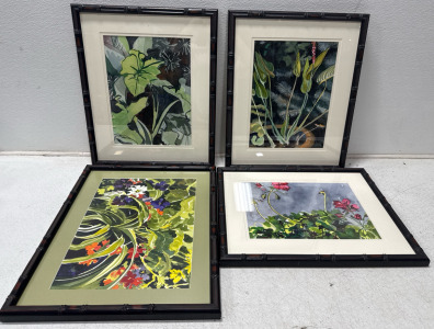 (4) Wood Framed Flower Paintings