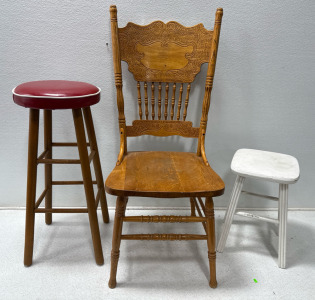 (1) Wood Chair With Ornate Engravings (1) Stool w/ Red Leather Top (1) White Wood Stool