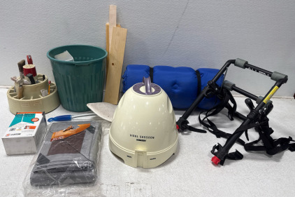 (1) Allen 102DB Black Bike Rack (1) Vidal Sassoon Vintage Ionizer Hair Dryer (1) UNOPENED 8ftx10ft Grey Tarp (1) Blue Roll Out Cushion Twin Bed Size (1) 7lb Polyblend Sanded Tole Grout Box And More!