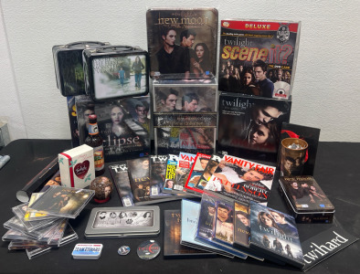 Assortment Of Twilight Collectables- Movies, Lunch Boxes, Magazines, Board Games, Pins, Soundtracks, Posters, Key Chains, Ornament And More!