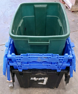 (4) Stackable Storage Bins - (3) Blue Crates (1) Green Tote