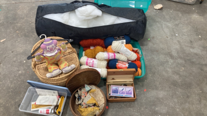(1) Vintage Bracho the Clown (17) Skeins of Yarn - Various Lengths & Colors (1) Zipper Bag of Stuffing (1) Decorative Wood Box & More!!