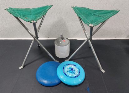 (2) Folding Triangle Chairs 19" Tall, (2) Flying Discs 10" (Dark Blue has Dog Chew Marks), Porcelain Dog Treat Container w/ Lid 11" High