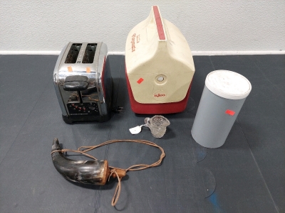 Hamilton Beach 2-Slot Toaster (Powers On), Little Playmate Igloo Cooler, 10" Muzzleloading Powder Horn, Vintage Glass Creamer Cup, Jatco Inc Test Cylinder
