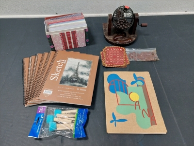 Vintage Wood Bingo Play Set w/ Cards & Spot Pieces, (6) Unused 30-Sheet Sketch Books w/ Spouncers Value Pack, Signed Atticana Art Book, Floral Design Card Holder w/ Assorted Cards & Envelopes