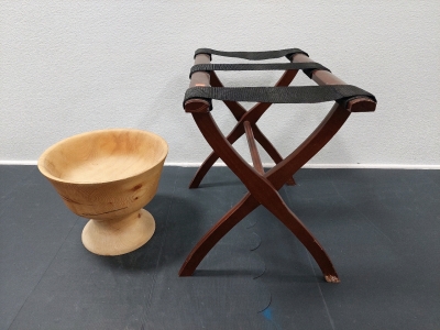 Wood Folding Luggage Rack 19&frac34;"H x 22&frac12;"L x 13&frac34;"W, Wood Carved Decorative Chalice Shaped Bowl 13&frac14;" Diameter x 11" Tall