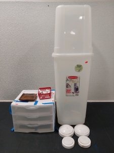 Rubbermaid Jumbo Wrap n' Craft Storage Bin 41"H-13" x 13", Sterilite 3-Drawer Plastic Storage 10&frac12;"H x 14&frac12;"W x 13"D, Small Wood Carbed Shallow Bowl 5&frac34;" x 5&frac12;", (5) Command Strip Hooks, (2) 4" Touch Lights (Untested), (2) 5&frac12;" Touch Lights (Untested)