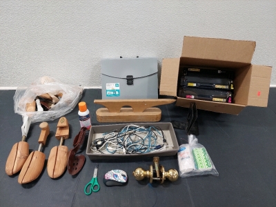 26-Pocket Expandable File Folder, Assorted Bag of Wood Shoe Tree Split Toe Stretcher/Shapers, Wood Sewing Point Presser & Pounding Block, Assorted Charging Cables (IPhone & USB C), Box of Brother Tomer Cartridges (Magenta & Yellow Unopened), & More!