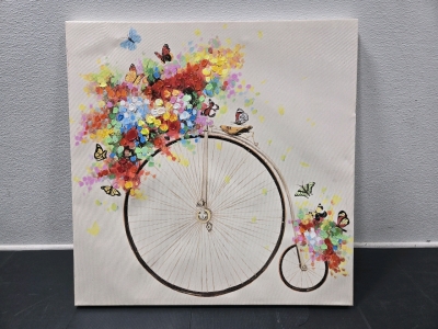 Hand Painted Canvas Over Print of Vintage Bicycle w/ Flowers & Butterflies 28" x 28"