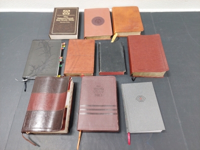(10) Assorted Collection of Bibles & Books: Hebrew-Greek Key Study Bible Hardcover, Life Application Study Bible Leather Softcover, KJV I Am Bible Leather Softcover (New Condition), KJV Holy Bible Leather Hardcover Bible (New Condition), & More!