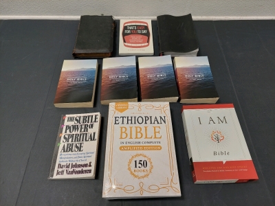(4) King James Version Paperback Holy Bibles (New), (6) Assorted Bibles & Books, Large Ethiopian Paperback Bible (In English), The System Bible Study (1922 First Edition) Leather Softcover, KJV I Am Bible Leather Softcover (New In Box), & More!