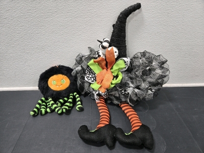 Hangable Halloween Witch Decoration 29" x 19", Hangable Halloween Smiley Spider Decoration 10" x 8"