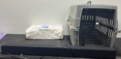 (1) Bag of Depends Medium (1) Dog Carrier (1) Soundbar