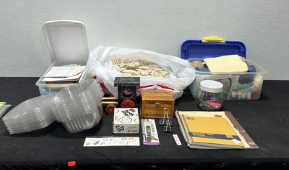 (1) Container of Knitting Supplies (1) Container of Art Supplies (1) Bag of Yarn (1) Vintage Wooden Box of Buttons & more
