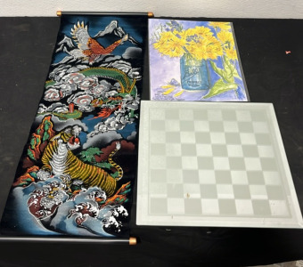 (1) Japanese Dtyle Scroll Art Piece (1) &ldquo;Common Blue Butterfly&rdquo; Art Piece (1) Mirrored Checkered Piece