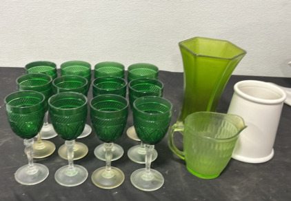 Set of (12) Emerald Green Etched Crystal Goblets by Cristal D&rsquo;Arques Durand, Vintage French Stemware (2) Flower Vases (1) Water Pitcher