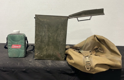 (1) Coleman Insulated Plastic Water Bottle (1) Military Style Ammo Box w/ Tire Chains included (1) Military Style Dry Bag