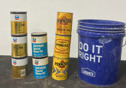 (8) Cans of Oil (1) Lowes Bucket