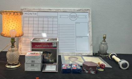 (1) Planning Board (3) Lamps (2) Glads Bowls (1) 9 Piece Nativity Set (1) Photo Frame (2) Poker Chip Boxes (1) Exercise Item