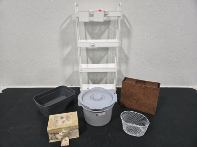 4-Shelf Storage Caddy on Wheels 33&frac14;"H x 15&frac14;"W, Accordian Style File Folder w/ Tabs, Storage Bin 13&frac14;" x 9&frac14;", Floral Card Holder (Empty) 8" x 5&frac12;", (Unused) Commode Bucket Replacement 11" Diameter, Small Wire Basket 8"