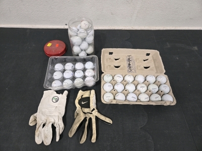 Assorted Golfballs: (18) Taylor Made, (40) Fitleist Golfballs, (1) MG Left-Hand Gold Glove, (1) Nike Left-Hand Gold Glove