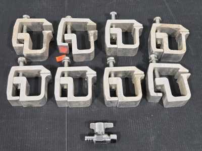 (8) Industrial Beam Clamps & (1) Small Closable Valve Attachment for Hose