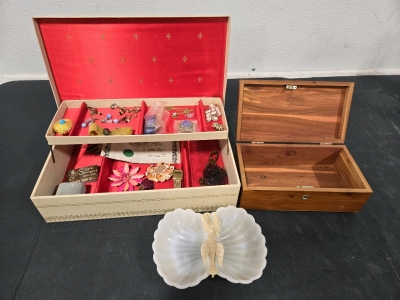Jewelry Storage Box w/ Assorted Vintage Jewelry (Earings, Broaches, Necklaces & More!) 14⅛"L x 8⅞"W x 3&frac14;"H, Lane Cedar Wood Storage Chest 8⅞"L x 4⅞"W x 3&frac12;"H, Avon Jewelry Dish 7" x 5⅜"