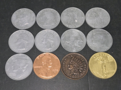 (12) Vintage 3" Replica Coins of Penny, Nickle, Dimes, Quarter, Dollar, & 20 Dollar Coins