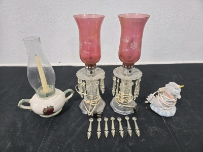(2) Vintage Glass & Crystal Lamps w/ Plastic Hanging Pieces 15", (1) Ceramic Candle Holder w/ Glass Top 12&frac12;", Small Lighted Unicorn Porcelain Decoration 6"