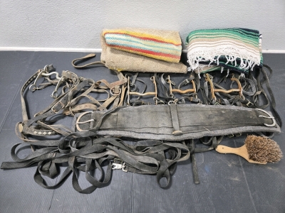 (1) Vintage Leather Strap Horse Bridle w/ Bit, (3) Fabric Strap Horse Bridles, (1) Horse Harness w/ Long Fabric Lead Rope, (1) Horseshoe Cleaning Brush, (1) Woven Horse Saddle Blanket, (1) Outdoor Woven Picnic Blanket