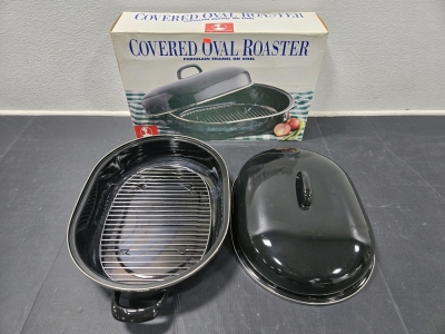 Roshco Covered Oval Roaster Porcelain Enamel on Steel w/ Base Rack 14⅛"W x 18&frac34;"L x 8"H